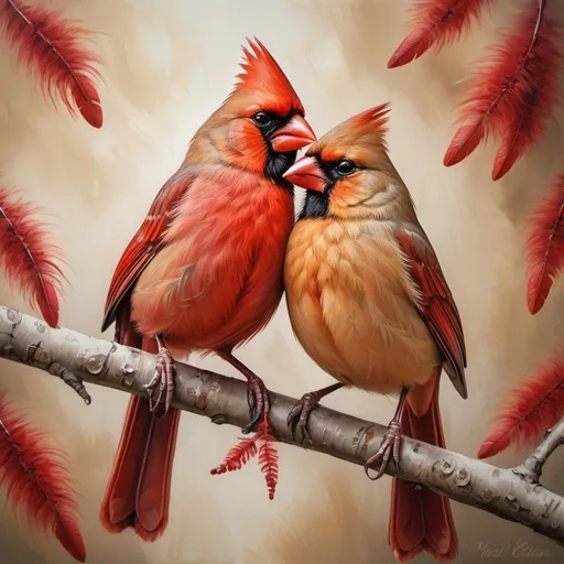 Prompt: Pair of mated Cardinal birds on tree branch, realistic painting, vibrant red feathers, detailed feathers, natural setting, high quality, realistic, traditional art, warm tones, natural lighting