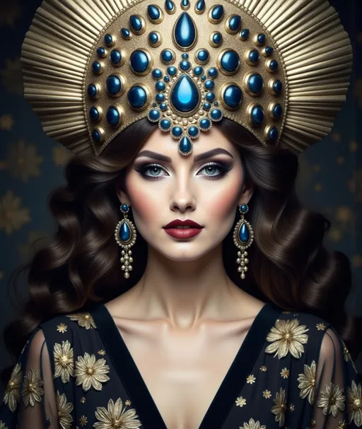 Prompt: An empress with a gold headpiece with blue jewels wearing a black dress and gold jewelry, Dirk Crabeth, art deco, orientalism, an art deco painting