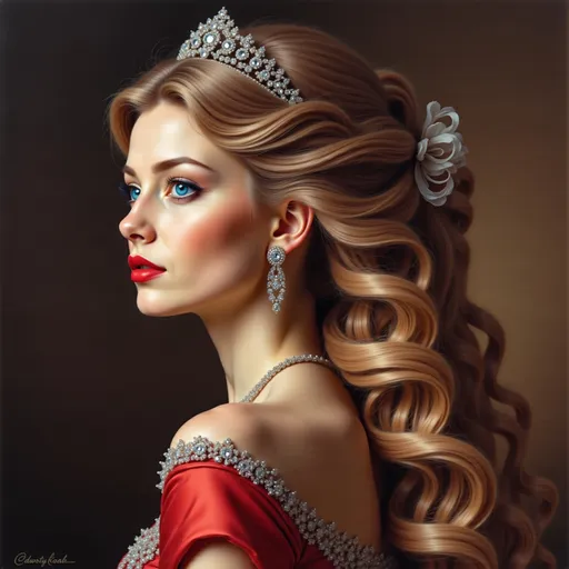 Prompt: a painting of the side view of a woman with long blonde hair wearing a tiara and a red dress with a diamond necklace, Edwin Georgi, figurative art, highly detailed digital painting, a photorealistic painting