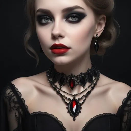 Prompt: a woman with a red lipstick and a necklace on her neck and a black dress on her shoulders and a black background, Evert Collier, gothic art, gothic, a 3D render