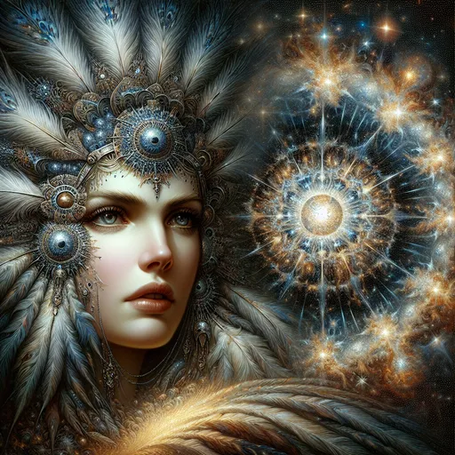 Prompt: <mymodel> a woman with a headdress and feathers on her head, with stars in the background and a star in the center, Anna Dittmann, fantasy art, highly detailed digital painting, a detailed painting