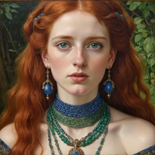 Prompt: a painting of a woman with red hair , pale skin and green eyes wearing a necklace and earrings with blue beads on her head, Edwin Georgi, pre-raphaelitism, highly detailed oil painting, a photorealistic painting