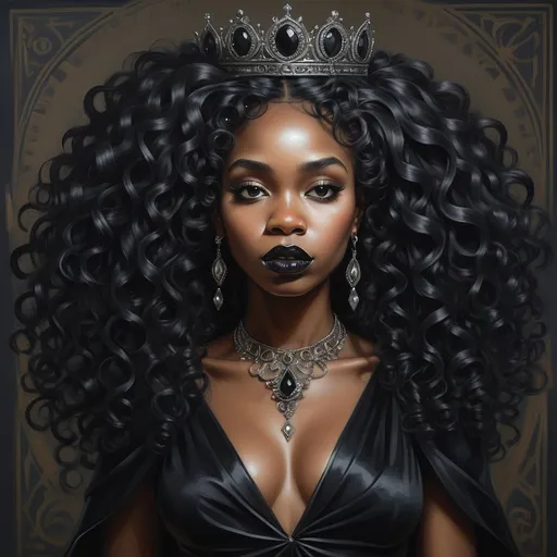 Prompt: a black woman with  long curly and a tiara and a black dress on her head and a black lip and a black dress on her body, Chinwe Chukwuogo-Roy, gothic art, beautiful detailed, a character portrait