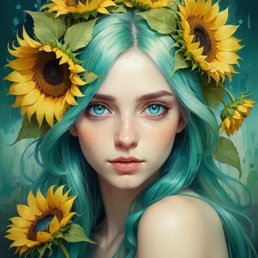 Prompt: a painting of a woman with sunflowers on her head and blue eyes, with green hair and blue eyes, Anna Dittmann, fantasy art, trending on art station, a detailed painting