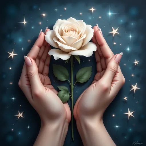 Prompt: Cradled gently between two elegantly manicured hands, a pristine white rose stands out against a serene, deep blue backdrop that evokes tranquility and introspection. The hands, depicted with delicate features and an artistic flair, suggest a sense of care and reverence, while the contrasting tones of the flower's soft petals and the rich leaves add depth to the composition. Highlighted against the ethereal, textured background, the hands and rose become the focal point, embodying themes of love, purity, and fragility. The overall style is reminiscent of a beautifully rendered illustration, combining simplicity with profound emotional resonance, inviting the viewer to reflect on the delicate balance between beauty and tenderness.