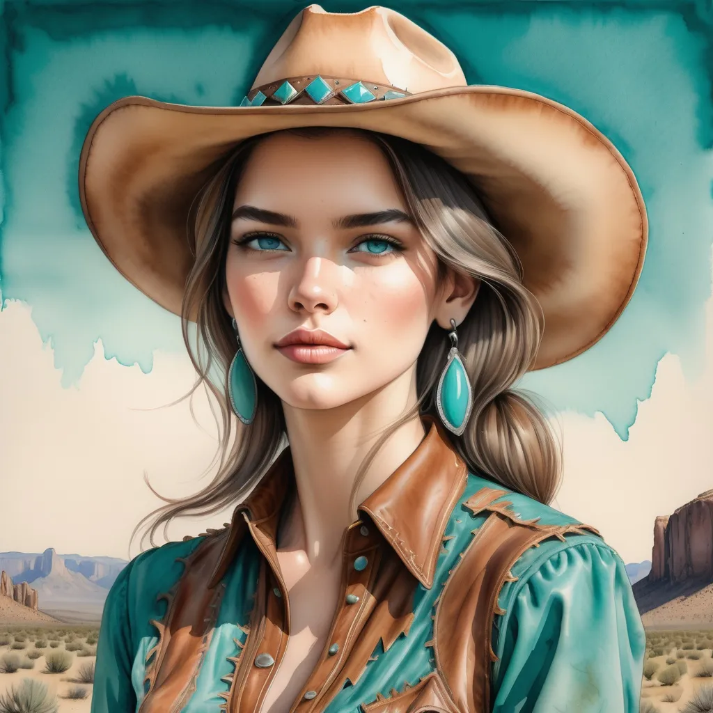 Prompt: watercolor and pen sketch of a beautiful young woman in western wear and turquoise clothing. She has a fashionable cowboy hat and a long leather dress. 