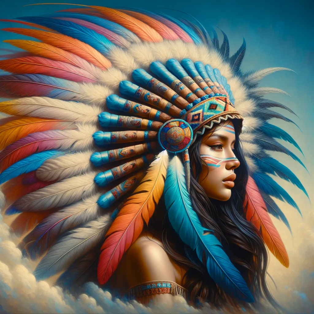 Prompt: a woman wearing a native american headdress with feathers on her head and a blue background with a sky background, Anne Stokes, fantasy art, highly detailed digital painting, an airbrush painting