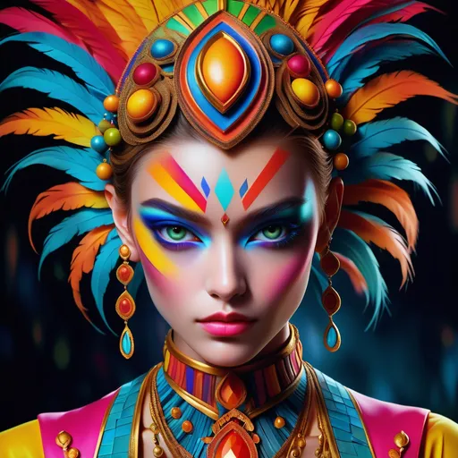Prompt: <mymodel>digital painting, dramatic colourful makeup, high fashion, intense gaze, realistic portrayal, vibrant colors, detailed features, highres, professional, dramatic, realistic, digital painting, intense gaze, vibrant colors, detailed features, high fashion, glamorous lighting