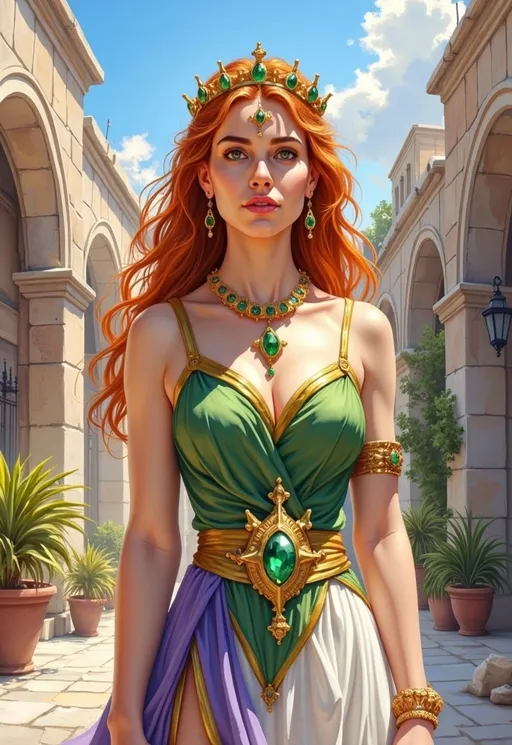 Prompt: This is a digital illustration in a highly detailed, semi-realistic fantasy style. The central figure is a regal, fair-skinned woman with long, wavy auburn hair that cascades down her back. She wears a golden crown adorned with jewels, and her green eyes are framed by delicate, arched eyebrows. Her lips are slightly parted, revealing a confident, almost serene expression.

She is dressed in an elegant, strapless gown that combines green and white fabrics. The bodice is green with gold trim and features a central, diamond-shaped green gemstone that matches the green gemstone necklace she wears. The gown has a high slit on the left side, revealing a hint of purple fabric underneath. Her arms are adorned with gold bracelets, and she wears a gold armband on her right bicep.

The background depicts a sunlit, ancient courtyard with stone buildings featuring arches and columns. There are potted plants and greenery adding a touch of nature to the scene. The sky above is clear with a few fluffy clouds, suggesting a bright, sunny day. The textures in the illustration are rich and detailed, with the stone buildings and her gown showcasing intricate patterns and shading.