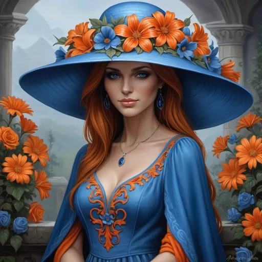 Prompt: a painting of a woman wearing a large  blue hat with  orange flowers on it and a blue dress, Anne Stokes, fantasy art, highly detailed digital painting, a fine art painting