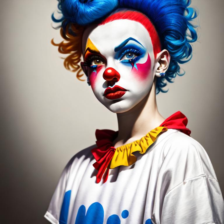 Prompt: Primary color clown, cute makeup, high quality, cartoon, bright colors, detailed features, playful expression, professional lighting