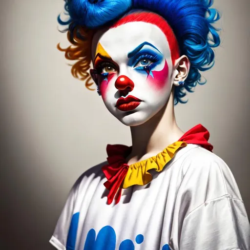 Prompt: Primary color clown, cute makeup, high quality, cartoon, bright colors, detailed features, playful expression, professional lighting