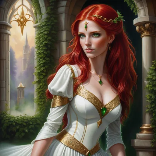 Prompt: a painting of a woman with red hair and green eyes wearing a white dress with gold trim and a red hair, Anne Stokes, fantasy art, kinkade, a detailed painting