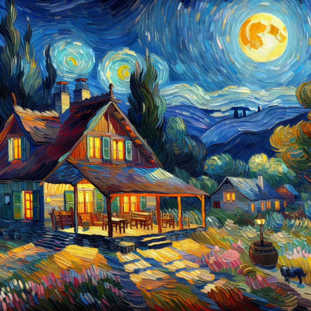 Prompt: Oil Painting of a home with background  by Vincent van Gogh , at night, moonlight, colorful 