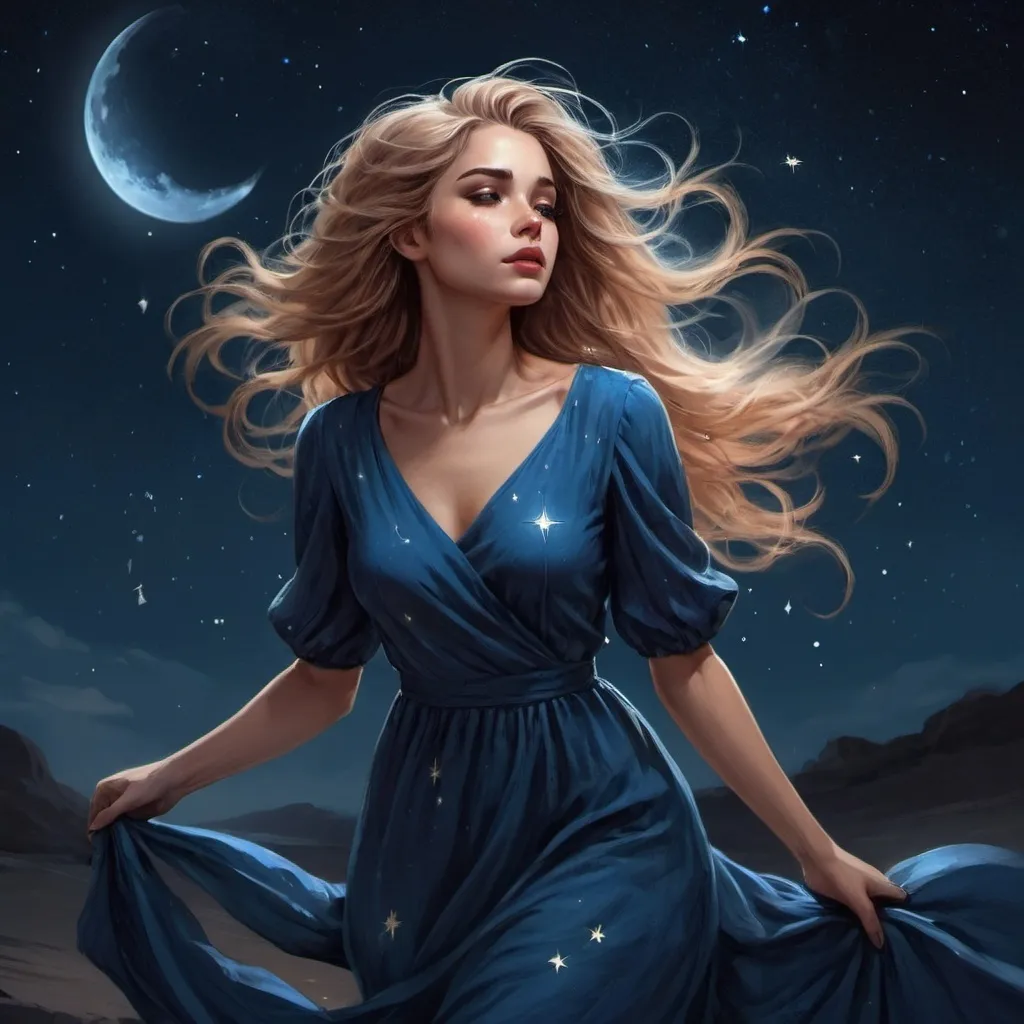 Prompt: a woman in a blue dress is standing in the moonlight with her hair blowing in the wind and stars in the sky, Charlie Bowater, fantasy art, trending on art station, a detailed painting