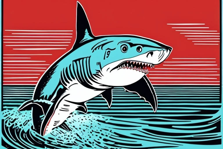 Prompt: colored linocut of a shark swimming under the water