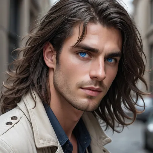 Prompt: With striking blue eyes that draw immediate attention, a young man with long, flowing dark hair gazes confidently into the camera, capturing a serene yet magnetic presence. His chiseled features are framed by dark locks that cascade around his shoulders, while a light-colored jacket complements his casual, yet refined style. Set against a softly blurred urban background, the lighting highlights his angular jawline and smooth complexion, enhancing the enchanting quality of his expression. The overall mood is one of effortless charm and allure, suggesting a narrative steeped in mystery and sophistication.
