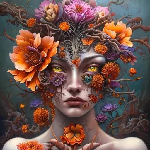 Prompt: Beautiful  hybrid woman with orange flowers sprouting from her, oil painting, detailed fiery eyes, ethereal glow, dark and mysterious, high quality, vibrant colors, surreal, haunting, intricate floral details, intense gaze, mystical atmosphere, oil painting, demon, hybrid, fiery eyes, ethereal, vibrant colors, surreal, haunting, floral details, intense gaze, mystical atmosphere