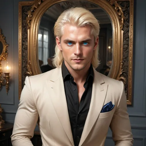 Prompt: Sporting a striking look, a man with long, flowing platinum blonde hair and captivating blue eyes embodies elegance and confidence. Clad in a tailored beige blazer over a fitted black shirt, his attire highlights his muscular physique, while a sharp pocket square adds a touch of sophistication. Set against a backdrop of opulent decor, including intricate gold detailing and an ornate mirror, the lighting casts a warm glow, enhancing the luxurious ambiance. His intense gaze and poised posture suggest a narrative of strength and style, inviting viewers to appreciate both his fashion sense and the lavish surroundings. This striking composition blends classic elegance with contemporary flair, creating a captivating visual experience.