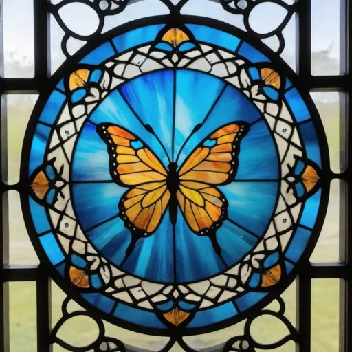 Prompt: simple mandala with bluestained glass window of a butterfly