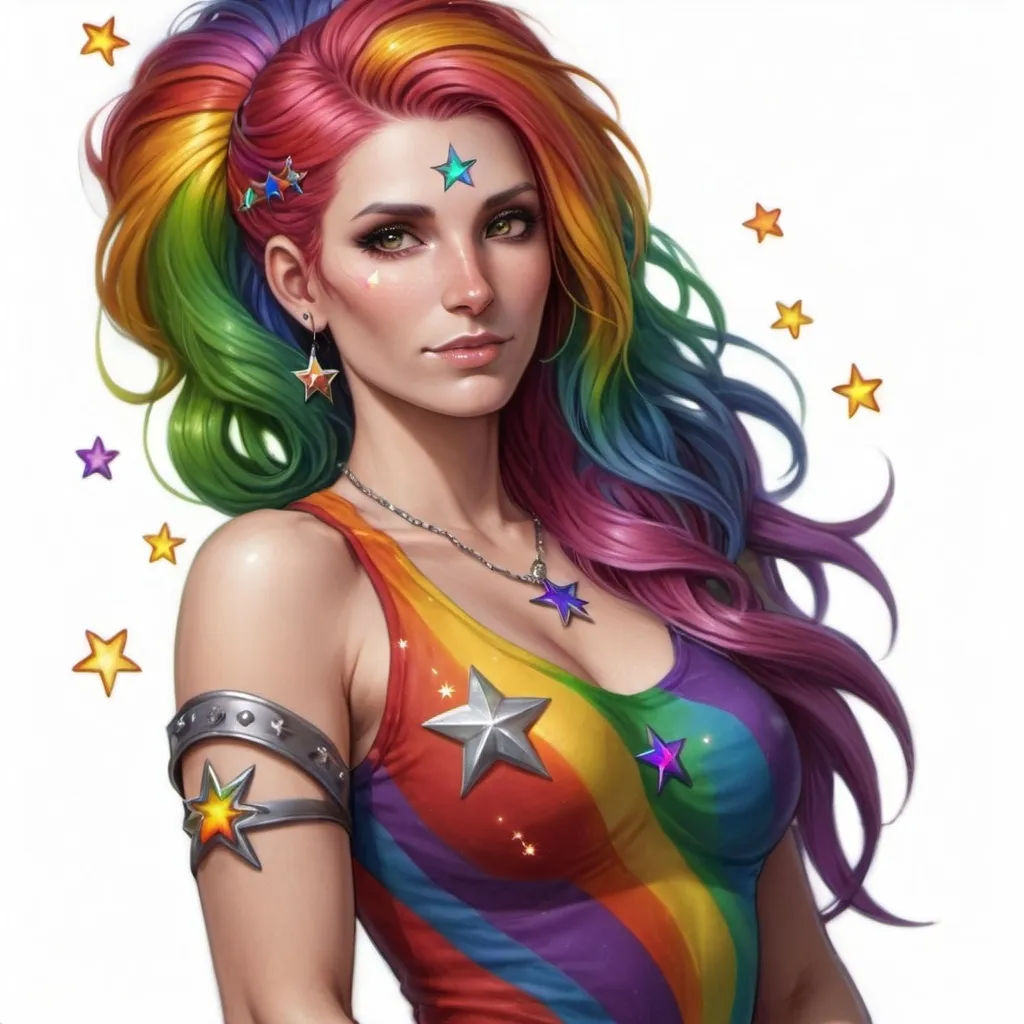 Prompt: a woman with rainbow hair and stars on her chest and chest, wearing a rainbow outfit and a star on her arm, Anne Stokes, fantasy art, epic fantasy character art, a character portrait