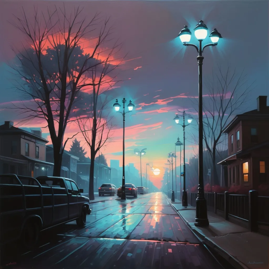 Prompt: a painting of a city street with a colorful sunset and trees on it, with a lampposts in the foreground, Alena Aenami, american scene painting, impressionist painting, a detailed painting