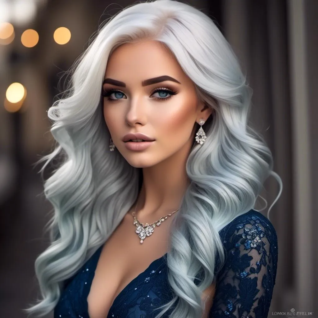 Prompt: <mymodel>A beautiful woman, snow white hair with pastel highlights, frosty blue eyes, blue eyeshadow, blue jewels on forehead