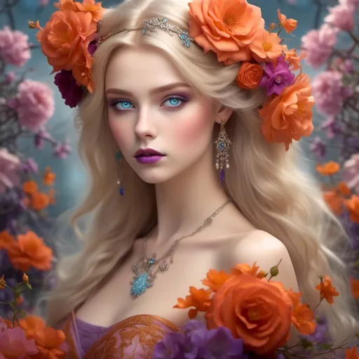 Prompt: <mymodel>Beautiful ethereal woman, long blonde hair,and icy blue eyes color, purple lipstick, facial closeup