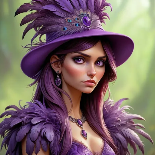 Prompt: a woman wearing a purple hat with feathers on it's head and a purple dress with a purple feathered dress, Anne Stokes, fantasy art, highly detailed digital painting, a detailed painting