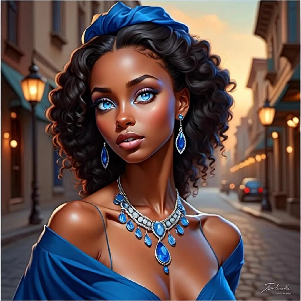 Prompt: <mymodel>Glamorously dressed lady of rhe 1930's wearing sapphire jewelry,blue eyes