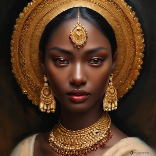 Prompt: Beautiful woman with extremely dark complexion, oil painting, elegant attire, high quality, realistic, warm tones, soft lighting, detailed facial features, captivating eyes, graceful posture, cultural jewelry, regal ambiance