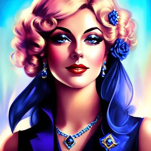 Prompt: Glamorously dressed lady of rhe 1930's wearing sapphire jewelry,blue eyes