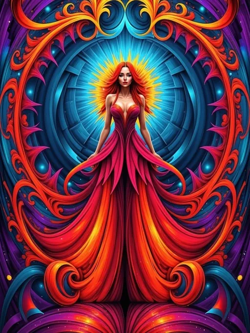 Prompt: Mage Crimson (painting of a well endowed woman in a striking red dress), vibrant, flowing red hair, red cape draping elegantly, (deep blue psychedelic background), surreal forms and patterns intertwining, created in the style of Alphonse Mucha, rich color saturation, ethereal and dreamlike atmosphere, (intricate textures), visually captivating, 4K quality, poster art aesthetic.