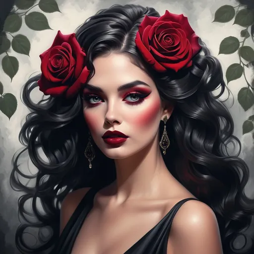 Prompt: Strikingly elegant, the woman possesses a captivating beauty accentuated by lush, dark waves cascading around her shoulders. Her makeup, bold and dramatic, features rich reds and deep blacks, drawing attention to her sultry eyes and full lips, which are coated in a deep crimson hue. A large, vibrant red rose adorns her hair, complementing the smaller roses in her earrings, alluding to a theme of romance and allure. The soft, blurred background, illuminated by warm, twinkling lights, enhances the intimate and glamorous atmosphere, making her the undeniable focal point of this artistic portrait. The overall composition exudes a mood of sophistication and passion, capturing a timeless elegance.
