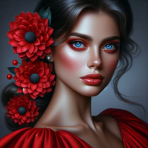 Prompt: a woman with blue eyes and red flowers in her hair, wearing a red dress and a blue flower in her hair, Artgerm, photorealism, highly detailed digital painting, a photorealistic painting