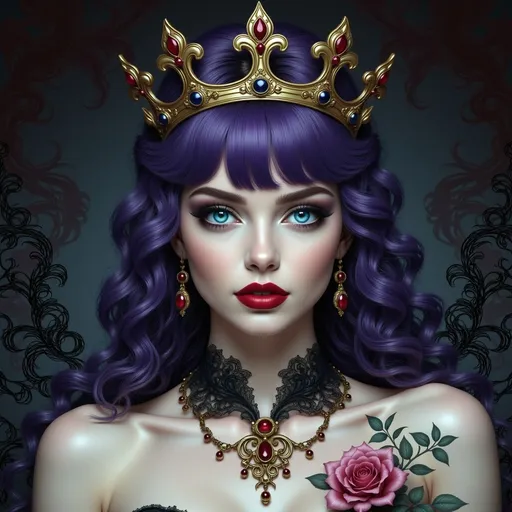 Prompt: a woman with purple hair and blue eyes, makeup, is wearing a black dress , Anne Stokes, gothic art, highly detailed digital painting, a 3D render