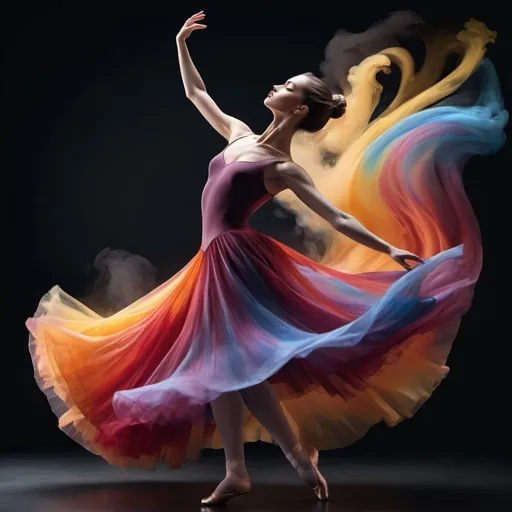 Prompt: A stunning digital artwork depicting a graceful ballerina in mid-pose, captured at the peak of her movement. She wears a magnificent, flowing dress that appears to be made of swirling, colourful smoke or liquid, creating a dynamic and ethereal effect. The dress transitions through a spectrum of vibrant colours, from deep purples and blues to fiery reds, oranges, and yellows, which seem to trail behind her as she dances. Her poised stance and the fluidity of her attire convey a sense of elegance and motion, with the dark background further emphasizing the bright, explosive colours of the dress. The image beautifully captures the essence of ballet combined with a surreal, almost magical atmosphere.