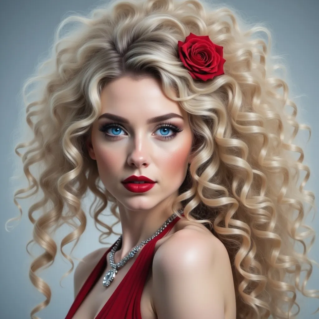 Prompt: a painting of a woman with long blonde hair wearing a red dress and a necklace with a diamond on it, Artgerm, figurative art, highly detailed digital painting, a photorealistic painting