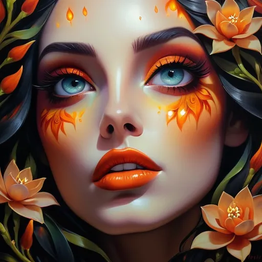 Prompt: Beautiful  hybrid woman with flowers sprouting from her, oil painting, detailed fiery eyes, ethereal glow, dark and mysterious, high quality, vibrant colors, surreal, haunting, intricate floral details, intense gaze, mystical atmosphere, oil painting, demon, hybrid, fiery eyes, ethereal, vibrant colors, surreal, haunting, floral details, intense gaze, mystical atmosphere