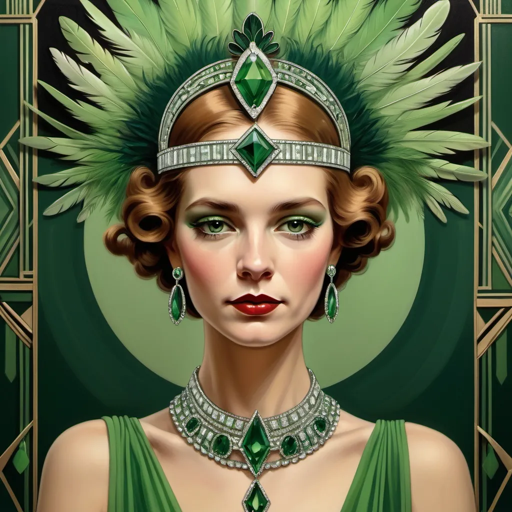 Prompt: a woman in a green dress with feathers on her head and a tiara on her head, with a feathery collar and a green jeweled necklace, Edwin Georgi, art deco, highly detailed digital painting, an art deco painting