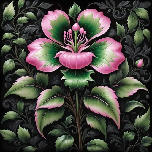 Prompt: a painting of a pink flower with green leaves on a black background with a black background behind it is a picture of a pink flower, Anne Stokes, cloisonnism, highly detailed digital painting, an airbrush painting