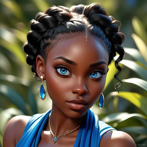 Prompt: Portrait of a black woman with very dark complexion and piercing blue eyes, pretty makeup, realistic painting, detailed features, high quality, realistic, dark skin, striking blue eyes, intense gaze, realistic painting, detailed facial features, professional, realistic lighting, dramatic contrast