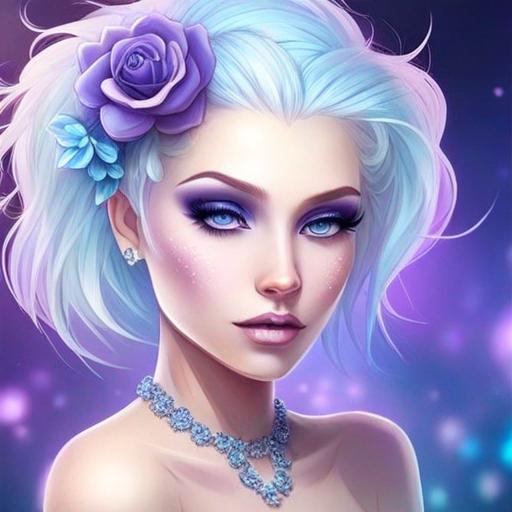 Prompt: A beautiful woman, white hair with pastel purple highlights, violet eyes, blue eyeshadow, pastel blue roses in her hair, blue jewels on forehead, cartoon style