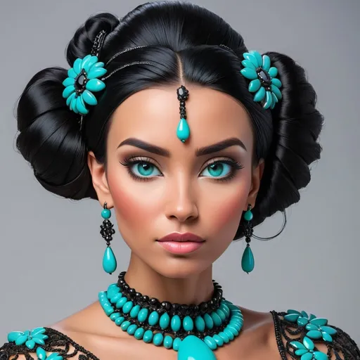 Prompt: Beautiful woman, shiny black hair in an updo,  wearing elaborate turquoise jewelry, facial closeup