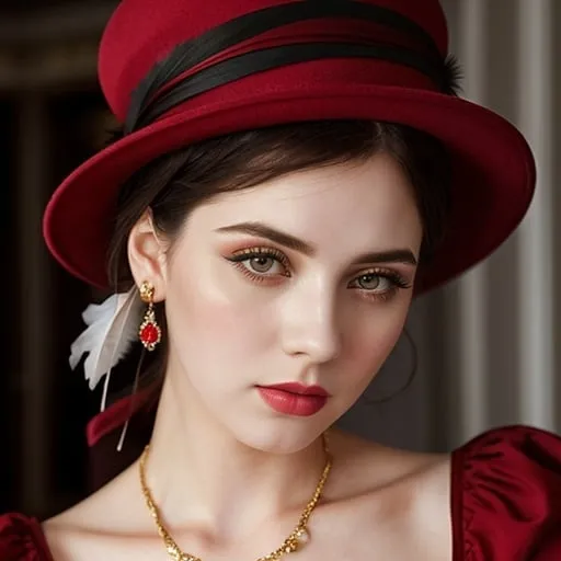 Prompt: <mymodel>fashionable 1st class  female passenger on the Titanic, pale skin, dark styled hair, large lips,  looking sad, facial closeup, vibrant colors, red dress and elaborate hat with feathers
