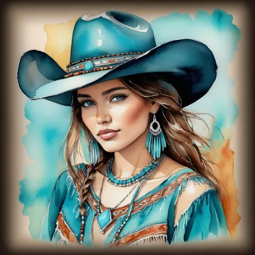 Prompt: <mymodel> Watercolor and pen sketch of a young woman in southwestern style, turquoise jewelry, cowboy hat, flowing attire, intricate details, vibrant colors, high quality, southwest art, watercolor, pen sketch, detailed jewelry, flowing attire, vibrant colors, beautiful woman, high quality imagery, professional, atmospheric lighting