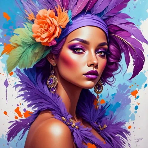 Prompt: <mymodel> a woman in a purple dress and purple hat with orange feathers on her head and a purple hat with orange feathers on her head, Edwin Georgi, fantasy art, highly detailed digital painting, a detailed painting