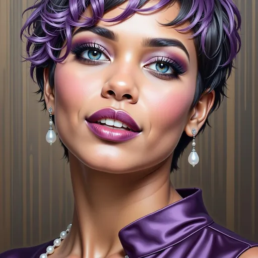 Prompt: a painting of a woman with purple makeup and purple hair and purple lipstick on her lips and purple dress, Edwin Georgi, hyperrealism, extremely detailed oil painting, a hyperrealistic painting