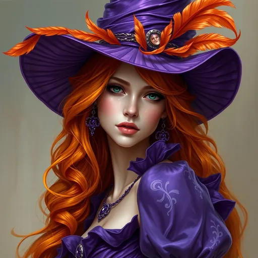 Prompt: <mymodel> a woman in a purple dress and hat with orange hair and a purple hat with orange feathers and a purple dress, Anne Stokes, fantasy art, highly detailed digital painting, a detailed painting