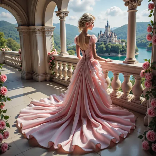 Prompt: Beneath an elegant archway, a poised young woman stands on a stone balcony, her delicate figure adorned in a flowing pink gown with gentle ruffles that cascade to the ground. With soft waves of platinum-blonde hair framing her face, she gazes pensively towards a picturesque castle set against a backdrop of lush green hills and a sparkling lake. The scene is bathed in a warm, enchanted light, the pastel hues of the dress harmonizing beautifully with the blooming pink roses that line the balcony. The tranquil atmosphere evokes a sense of romantic fairy tale, combining opulence with serene natural beauty, inviting the viewer into a world of fantasy and elegance.